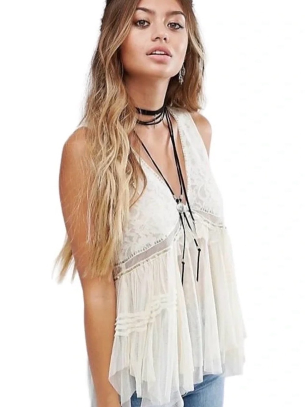 Free People On The Town Romantic Cream Beaded
Sequin Sheer Lace Tank